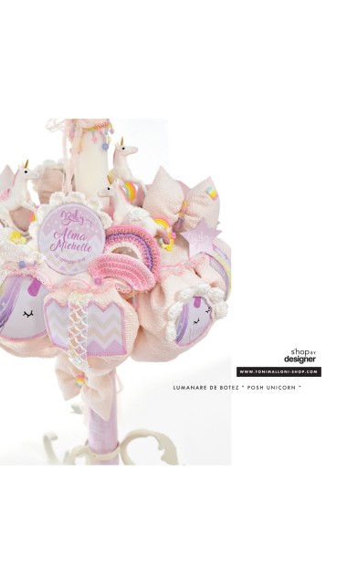 Lumanare de botez roz pentru fetite cu unicorni, 65x4cm, Baby Unicorn 9
